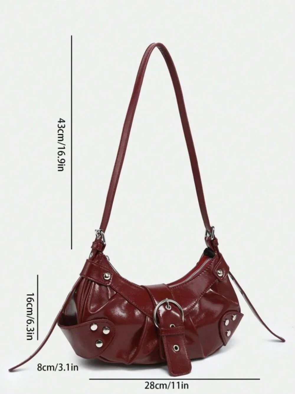Burgundy Studded Baguette Bag Y2K Punk Vegan Leather Zip Shoulder